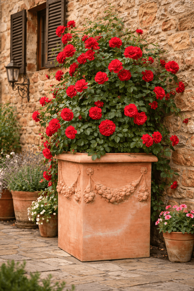 Bac à fleurs carré haut en terre cuite d’Impruneta – élégance sculptée et robustesse exceptionnelle